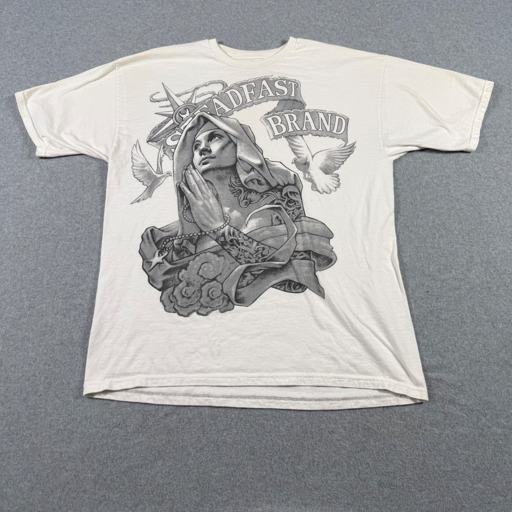 Steadfast Brand Mens XL Graphic T-Shirt White Tattoo Art Praying Woman Doves